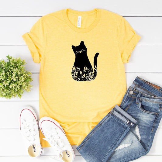 Cat Graphic Tee, Floral Cat Shirt, Cat Shirts for Women, Cute Cat Shirt, Cat Mom Shirt, Gift for Cat Lover